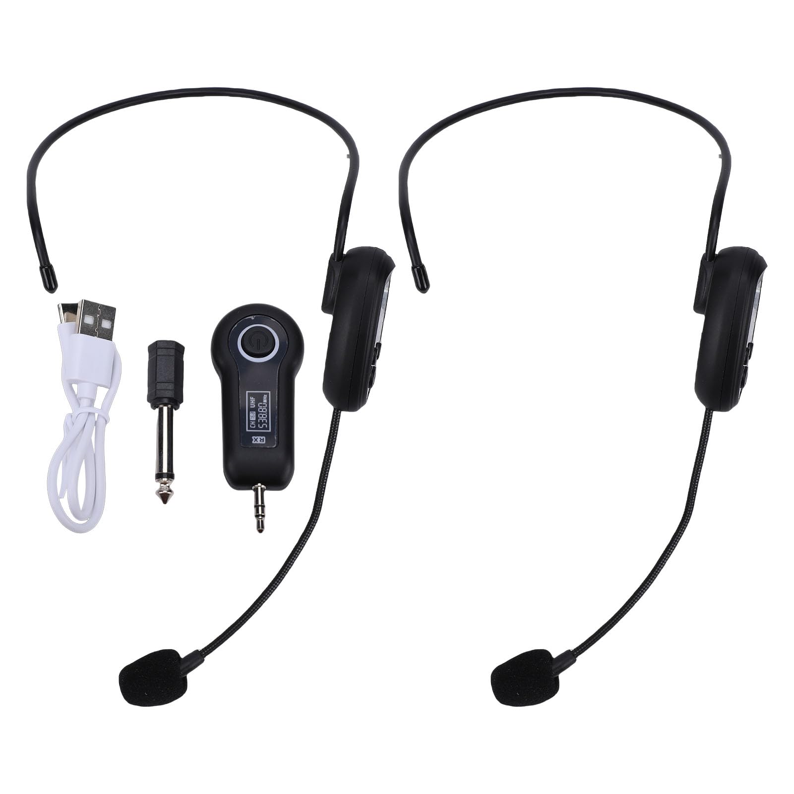 Annadue Microfono Ad Archetto Wireless 2.4G UHF, Microfono Lavalier Wireless con Connettore da 3,5 Mm e 6,35 Mm per Insegnamento, Fitness, Guida Turistica, Amplificatore vocale. (1 per 2)