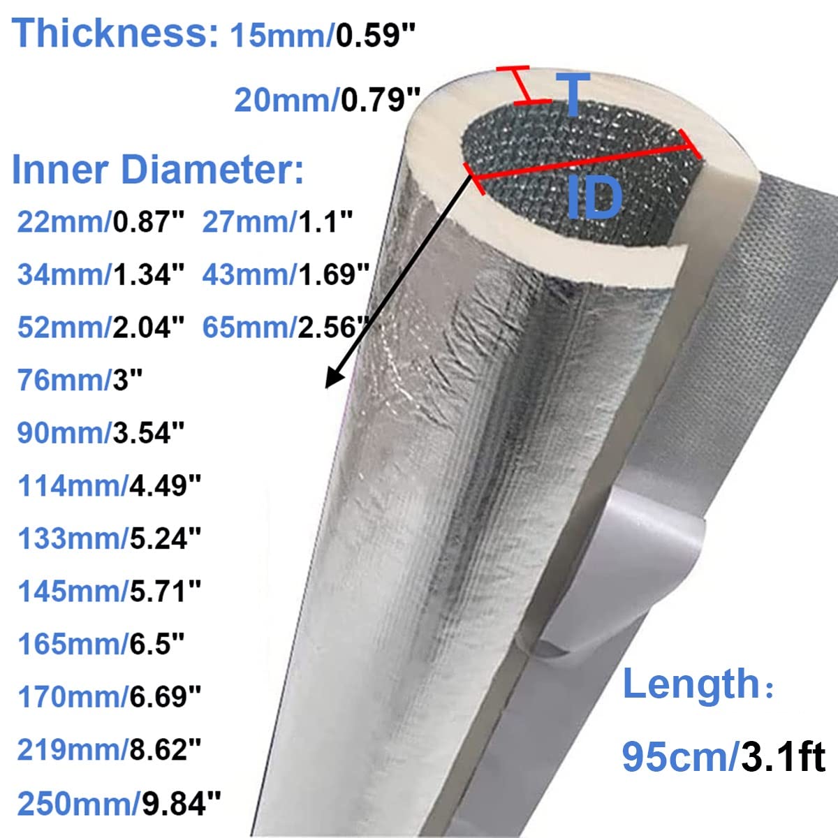 Tubo Isolante Autoadesivo Semiaperto, Isolante per Tubature, Antigelo E Ritardante di Fiamma, Spesso 15/20 Mm, per Tubo Invernale, Lunghezza 95 Cm (Size : 219mmx20mm)
