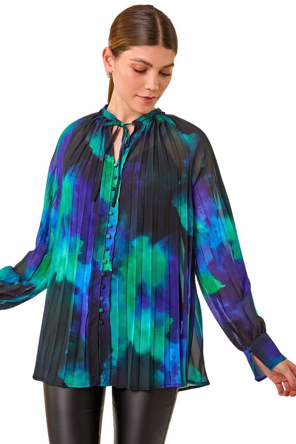 Roman Originals Women's Blue V-Neck Pleated Blouse For Uk - Everyday Autumn Winter V-Neckline Comfy Soft Evening Vacation Work Party Night Out - Size 20