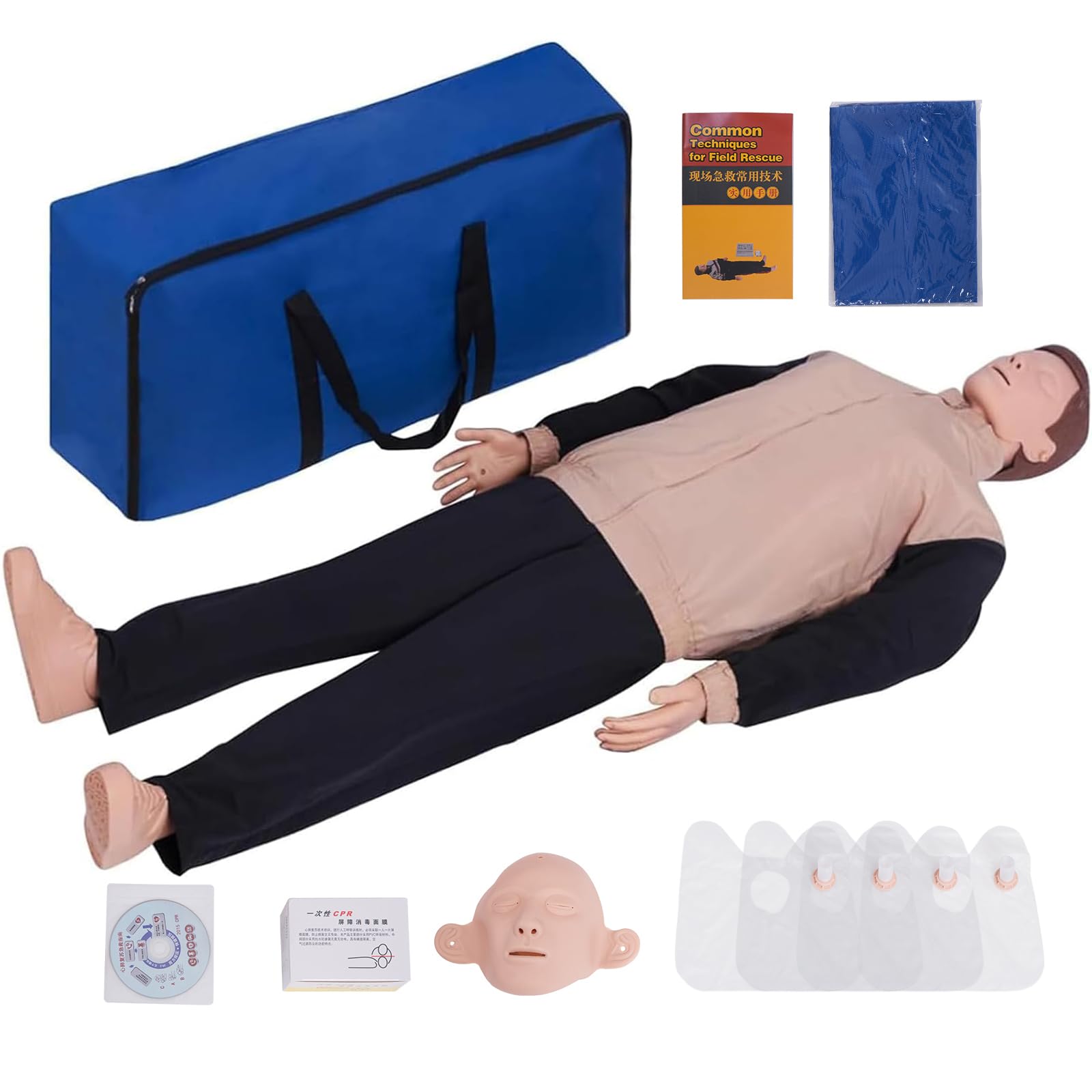 Manichino Primo Soccorso RCP Kit Manichino Intero per Rianimazione con Pelle del Viso Sostituibile & 4 Sacche Polmonari Sostituibili & Borsa Portaoggetti & Stuoia Supporto Ideale per Docenza