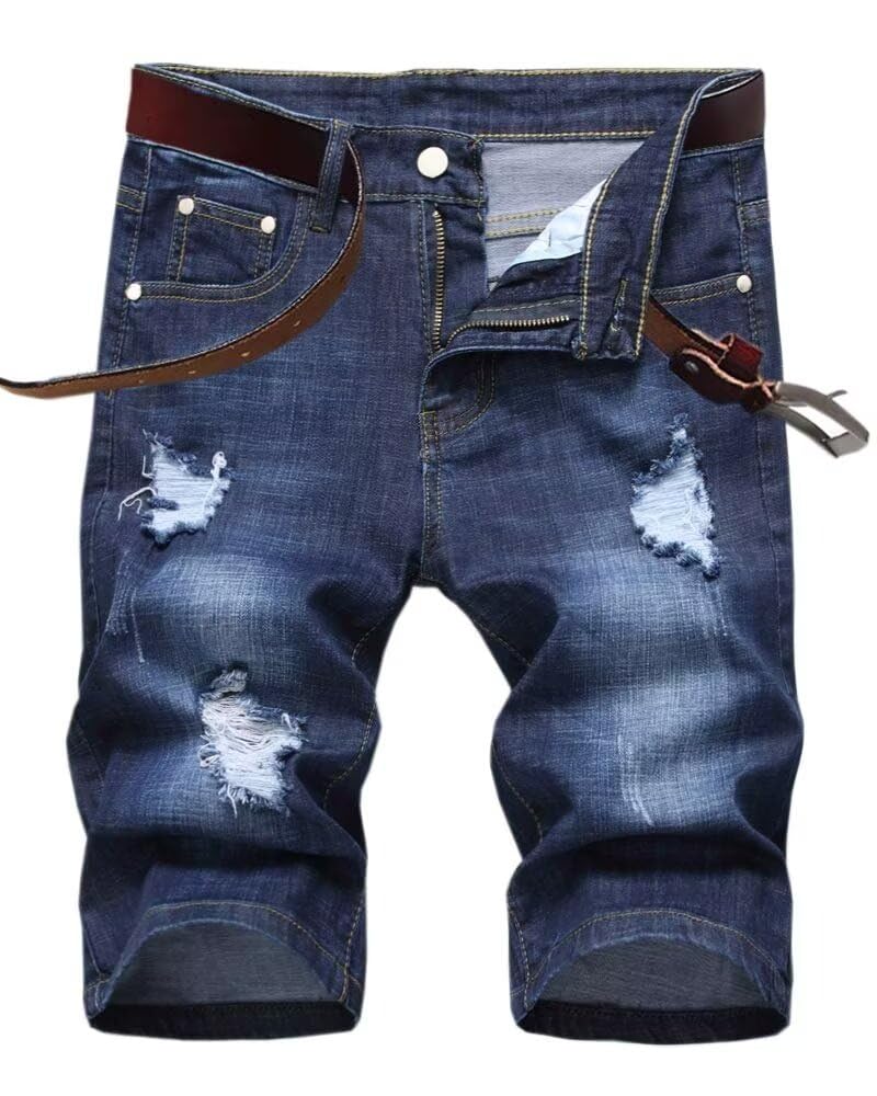 SHOOYING Men's Casual Denim Ripped Shorts