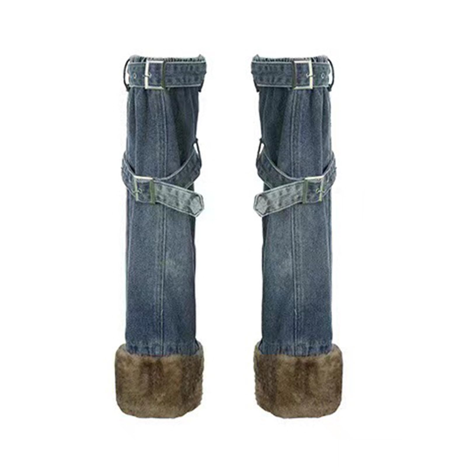 Women Furry Spliced Jeans Leg Warmer with Buckled Bandage Punk Denims Flared Boot Covers Over Knee Long Socks