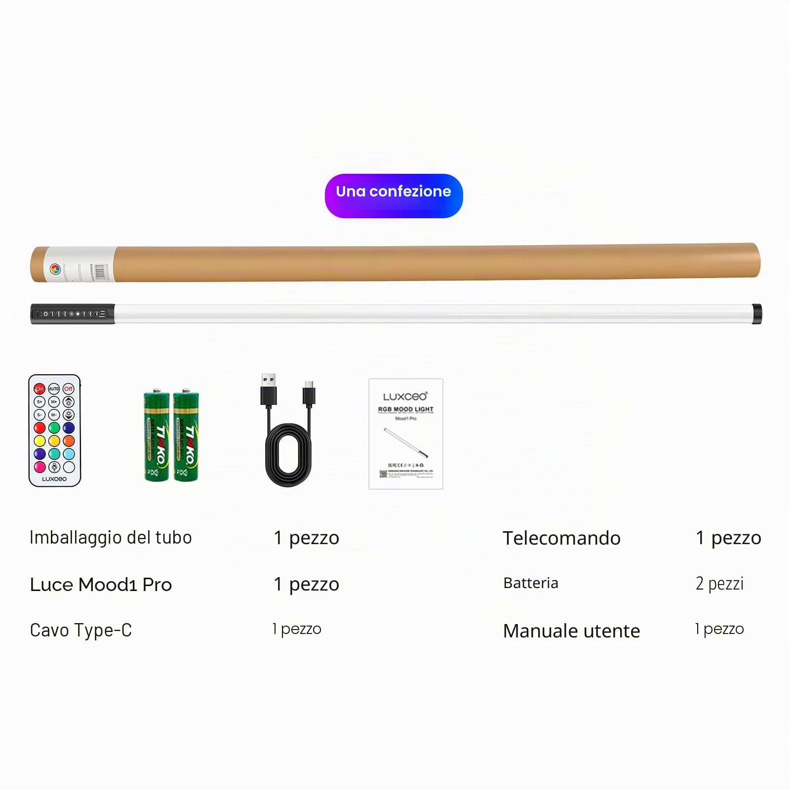 Luce video a LED portatile, 120 cm Mood1 Pro, dimmerabile e modalità musica, elecomando 2.4G, 5000 mAh, Tubo luminoso per fotografia RGB,per YouTube,TikTok,streaming di giochi,bar per feste,fotografia