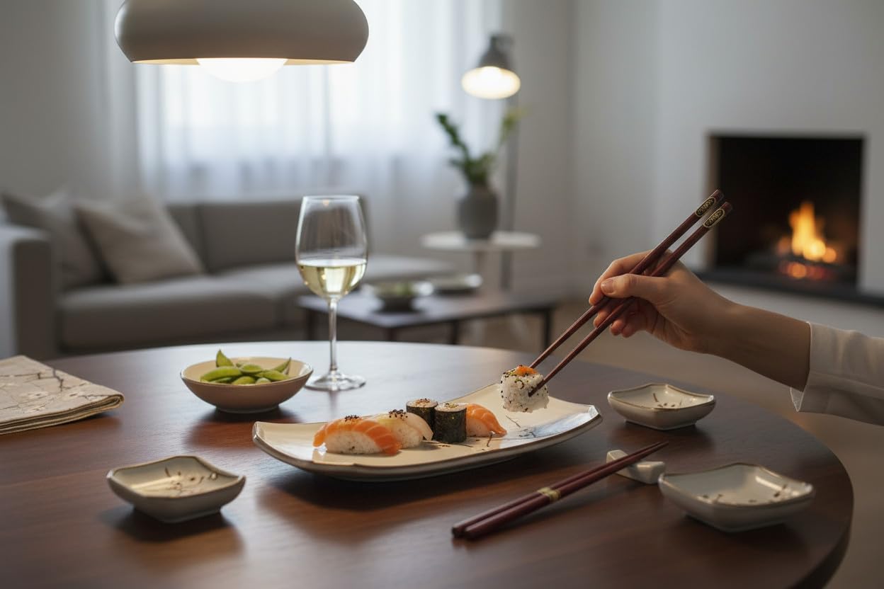 JAPAN ORIENTAL SUSHI TELLER SET | Sushi Geschirr Set | 6-teiliges Sushi-Set für 2 Personen | Sushi-Teller, Schalen und Essstäbchen in verschiedenen Asia Designs - Made in Japan (Hana Hellgrün)
