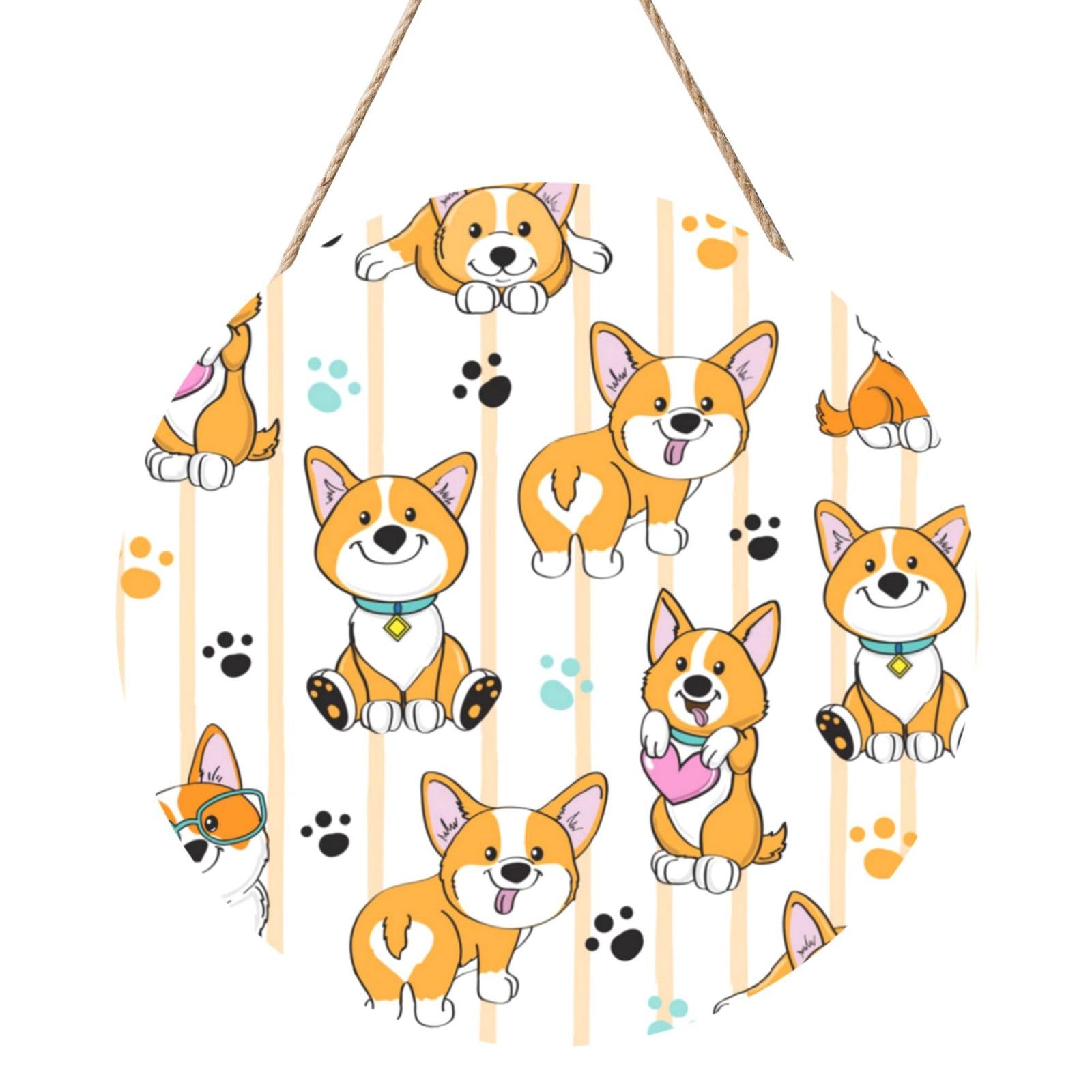 InOmak Cute Dog Corgi On A Striped, Round Wood Panel Painting 12 in, Wall Hanging Painting For Home