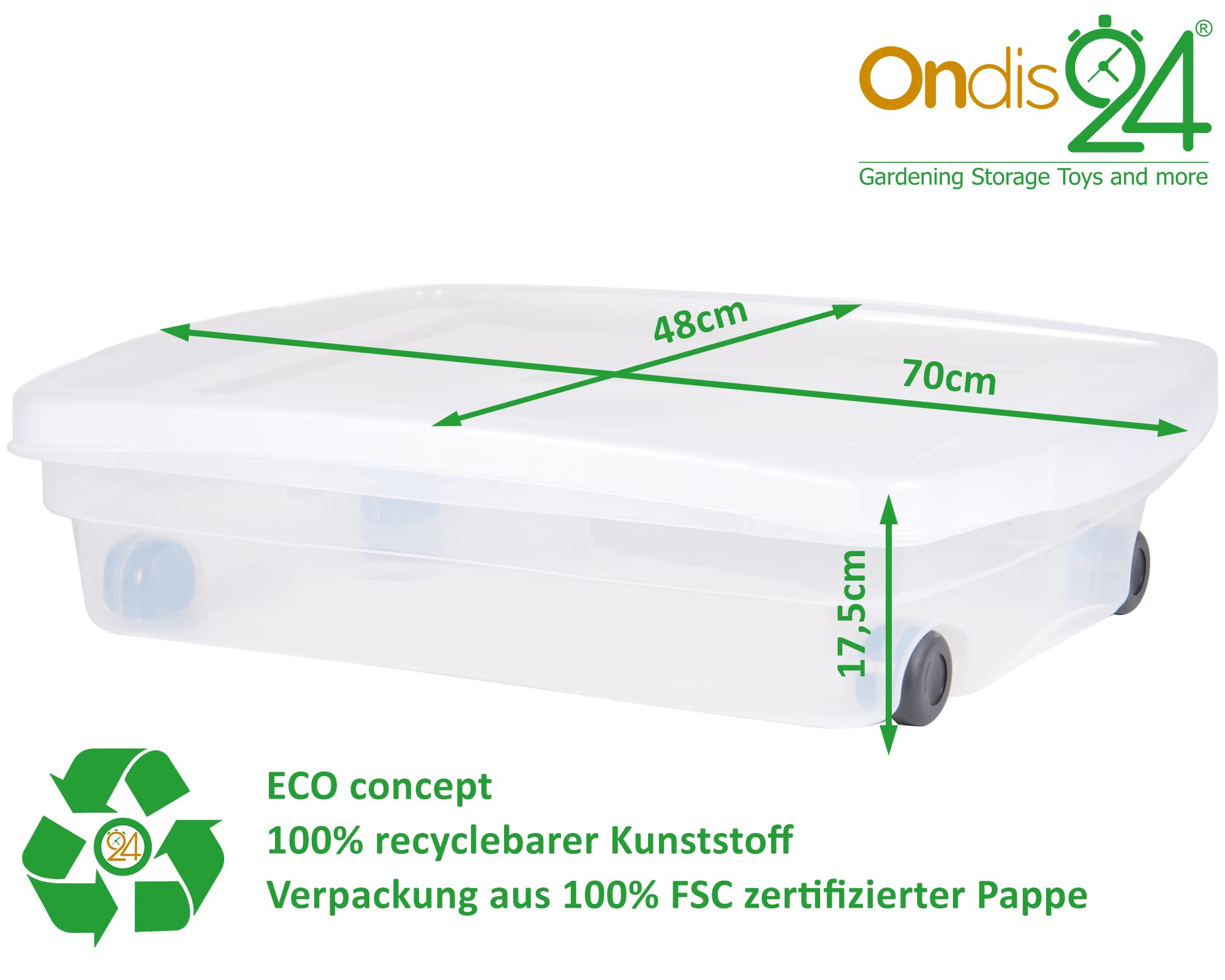 Ondis24 Unterbettbox mit Rollen und Deckel Aufbewahrungskiste aus Kunsttoff stapelbar transparent 40 Liter 68 x 48 x 17,5 (H) cm 100% recyclebar (4)