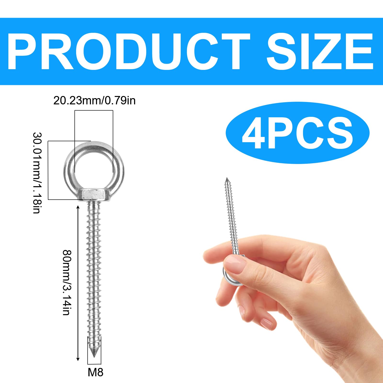 4 Viti Ad Occhiello In Acciaio Inossidabile M8 X 80 Mm Occhielli A Vite Per Impieghi Gravosi, Viti A Occhiello Argento, Bullone Per Sollevamento Per Amache, Tende Sole, Sedie Sospese, Sedie A Dondolo