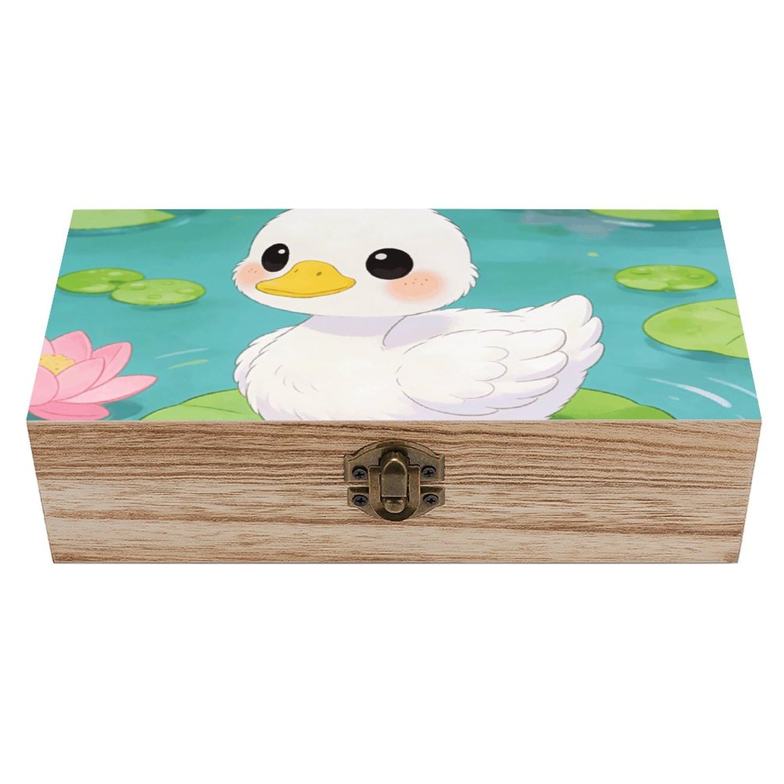 LZQPOEAS Pink Lotus with White Ducks Wooden Storage Box Small Decorative Box with Hinged Lid Handmade Elegant Keepsake Storage Box for Jewelry, Photos, Trinkets, Letter Gifts, Small Heirlooms