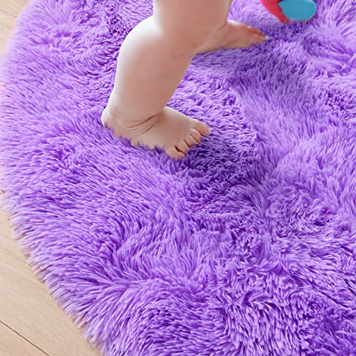 Junovo Round Rug 4X4 Feet Fluffy Soft Area Rugs For Kids Girls Room Princess Castle Plush Shaggy Carpet Cute Circle Nursery Rug For Kids Girls Bedroom Baby Room Home Decor Circular Carpet, Purple #TOP1