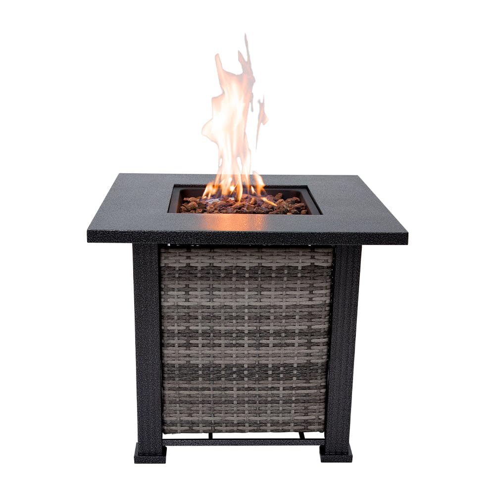 Adana Propane Fire Pit Table 28” Outdoor Firepit 50,000 BTU Firepits for Outside with Lava Rocks and Removable Lid Metal Fire Pit Outdoor Fireplace