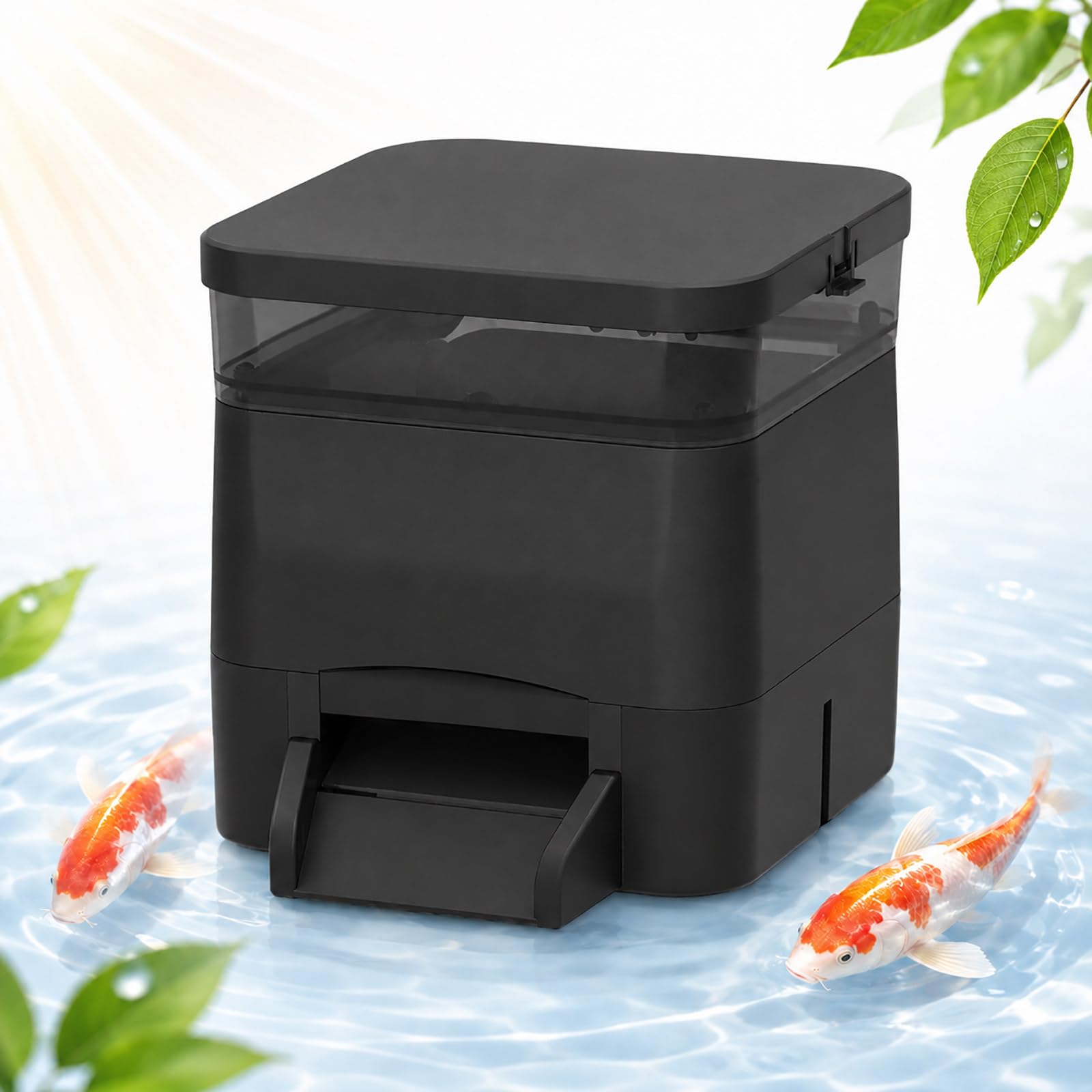 Mangiatoia per Pesci da Esterno 4 L - Distributore Automatico per Laghetto con Uscita Regolabile Black