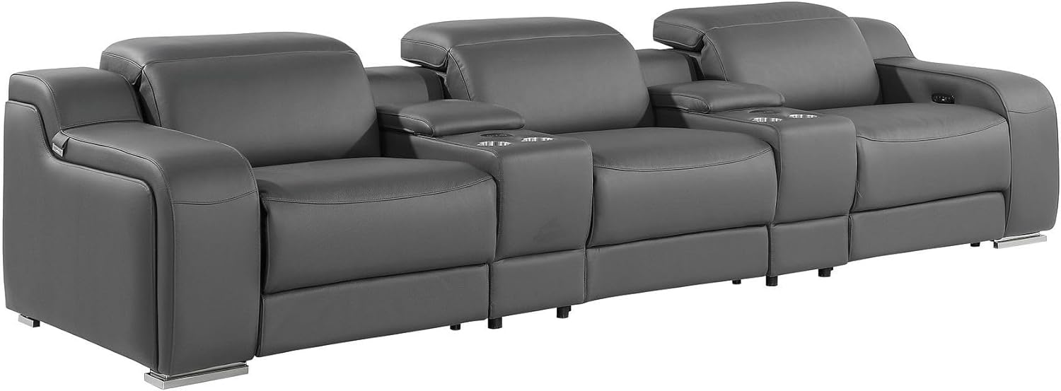 HomeRoots 129" Dark Gray Italian Leather Reclining USB Sofa