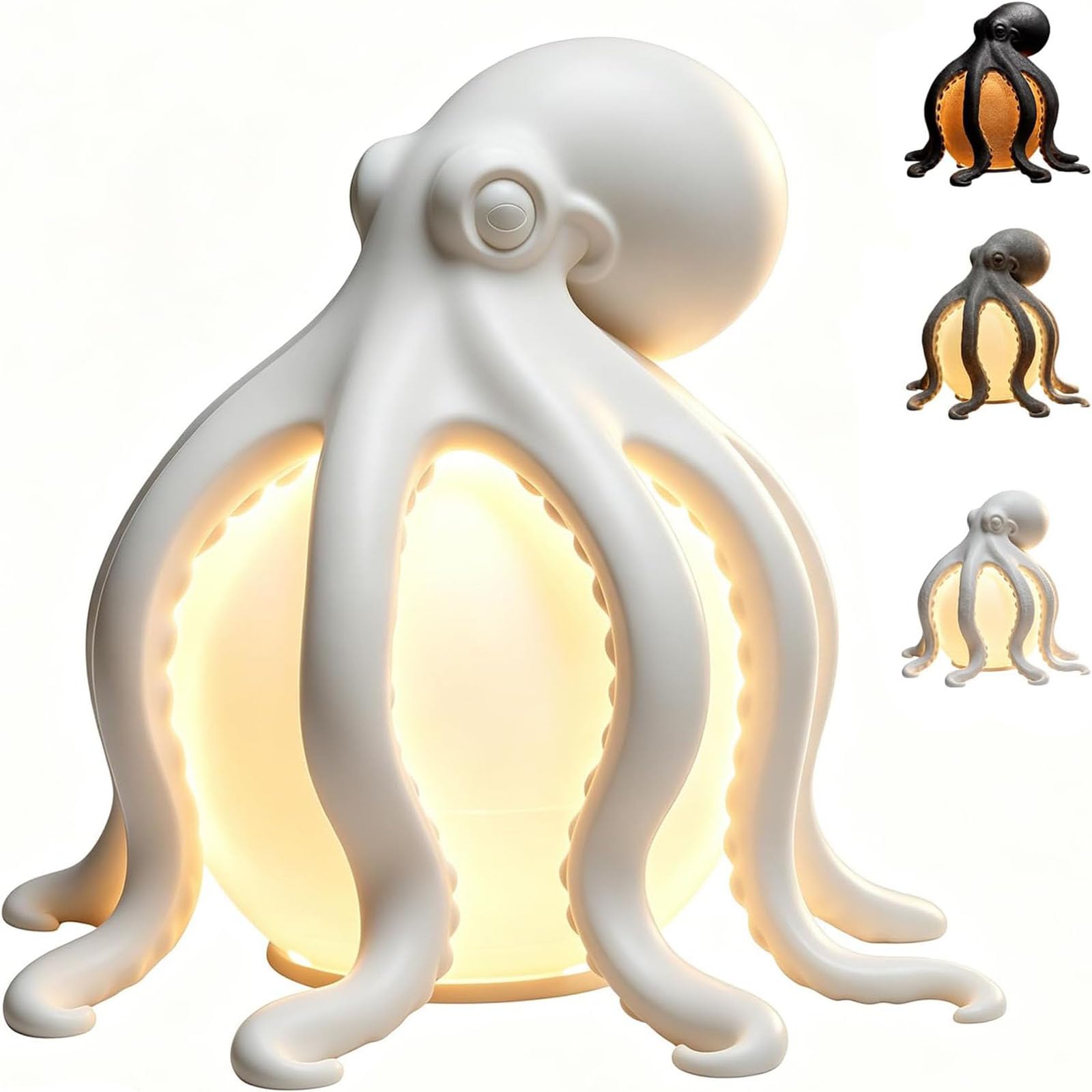 Lampada da tavolo con decorazione costiera a forma di polpo, luce notturna nautica a LED alimentata tramite USB con sfera luminosa, illuminazione ambientale a tema oceano marino (White)