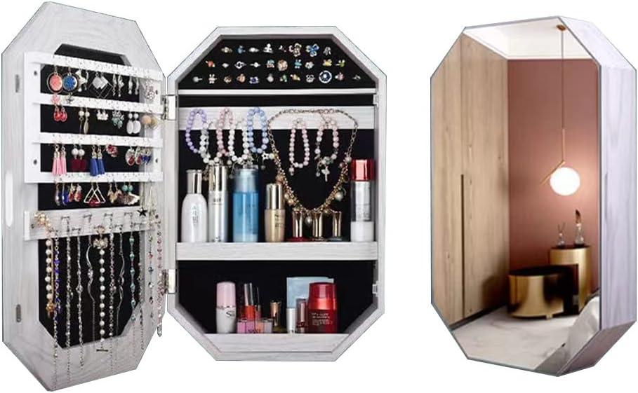 Wall Mounted Jewelry Armoire with Mirror, Lockable Jewelry Cabinet Organizer, Mirror with Rear Storage Box, for Women Girls, Mirror Cabinet (J 65)