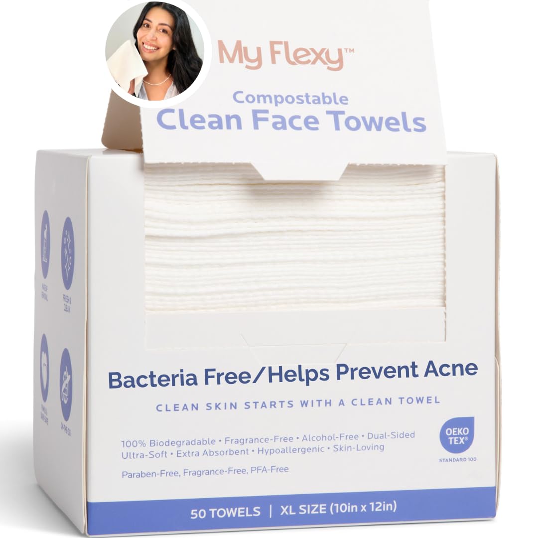 My Flexy Disposable Face Towels XL for Skin Care & Makeup Removal – 100% Biodegradable Towelette, Hypoallergenic, Chemical-Free, Face Cloth Towel, Soft Face Wipes, Facial Tissue, Dry Wipe, 50 Count