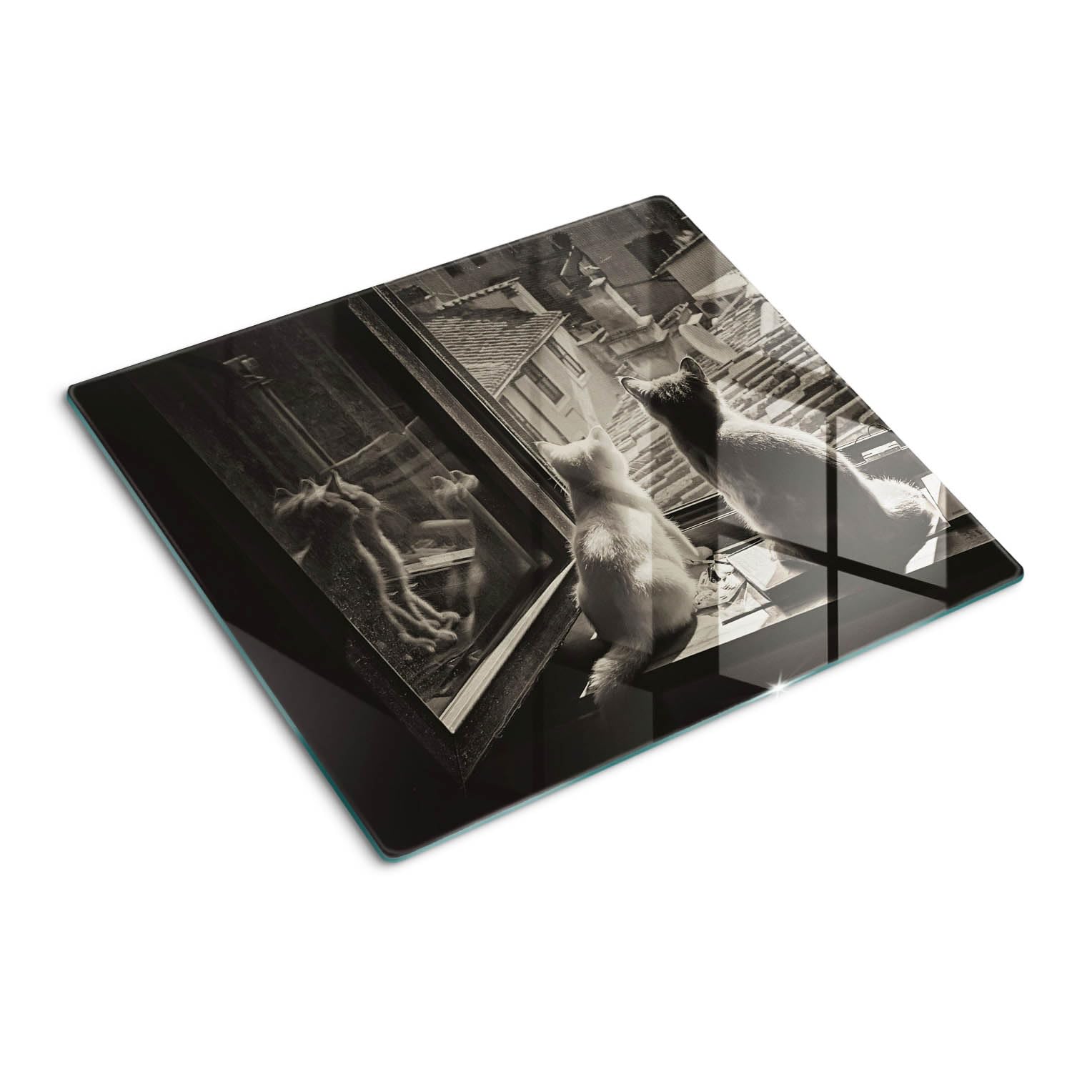 Planche à Découper 60x52 cm Modernité Pieds Antidérapants Contact Alimentaire Symétrique Bords Polis Avec Impression Décoration Résistant à la Chaleur - Chats à la fenêtre