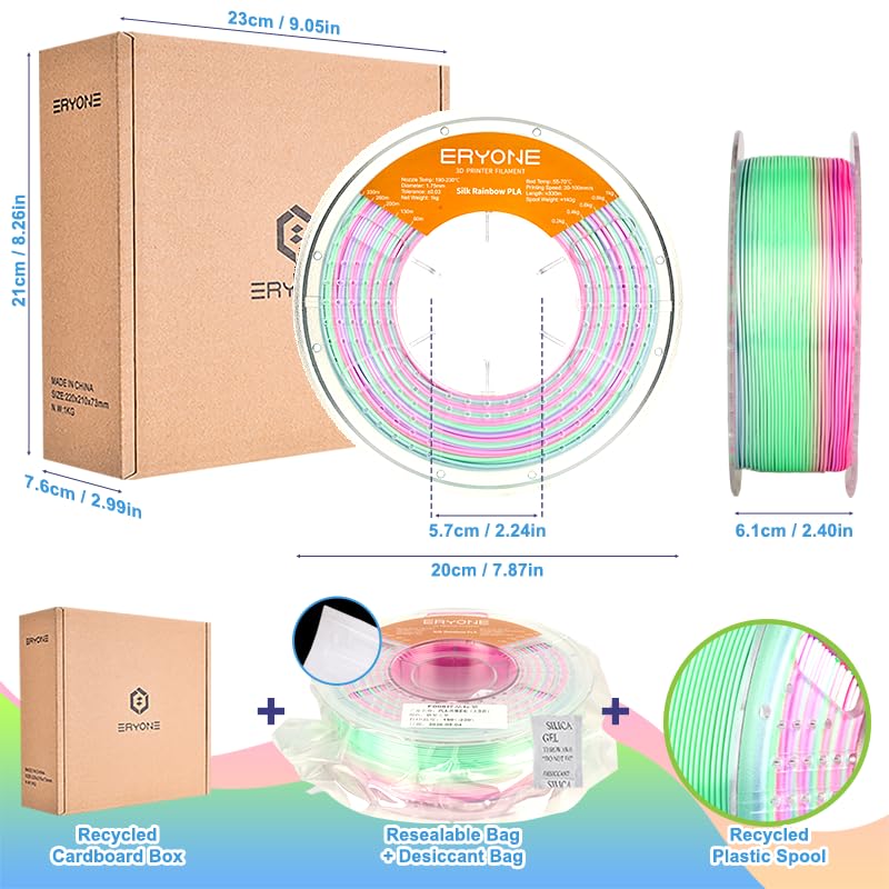 Image of ERYONE Silk Rainbow 3D Printer PLA Filament 1.75 + /- 0.03mm, Shiny Multicolor Filament PLA Fast Color Change 1KG(2.2LBS), Sugar Dream
