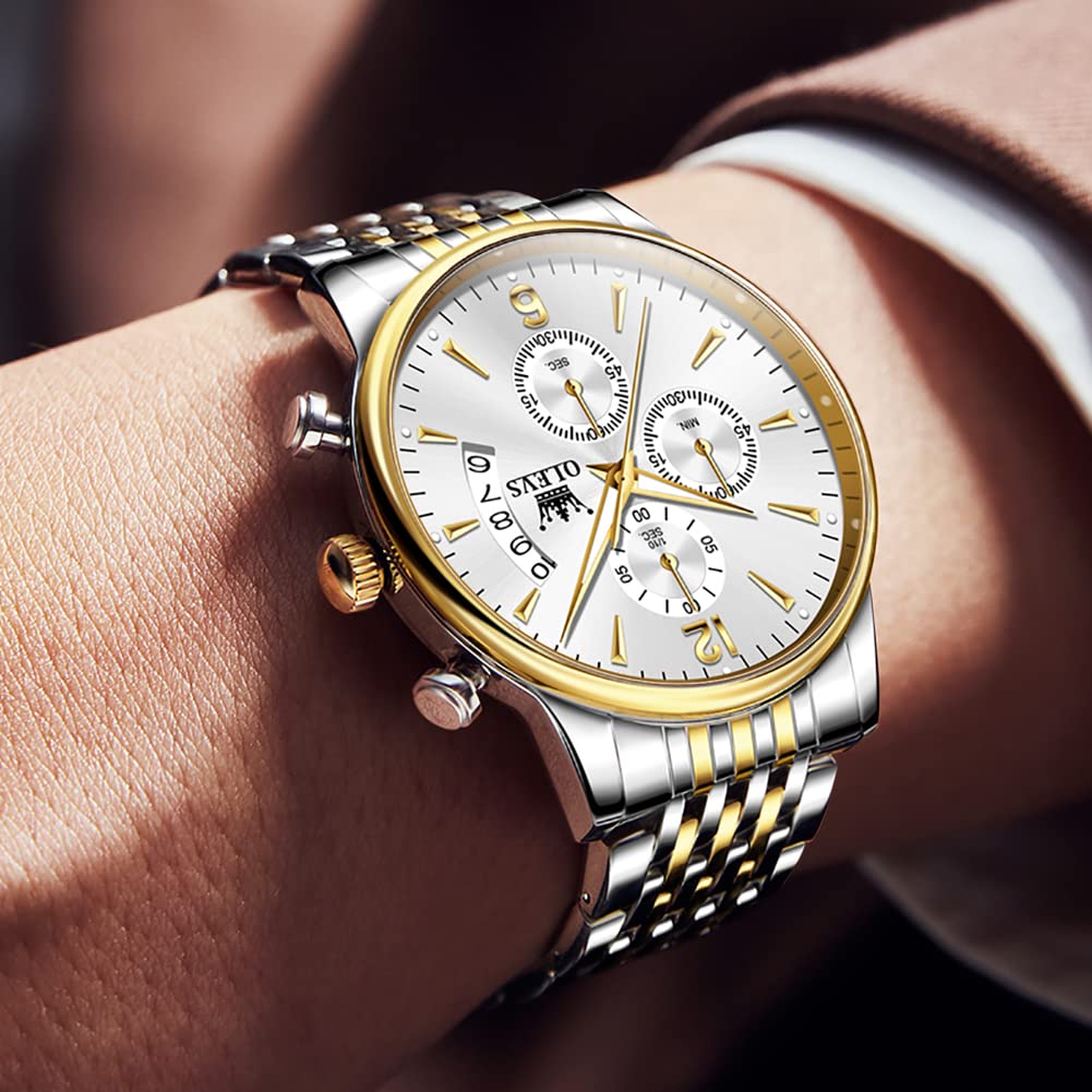 OLEVS Relojes de lujo para hombre, multifuncional, cronógrafo, fecha curvada, cuarzo, analógico, reloj de pulsera de acero inoxidable, impermeable, luminoso