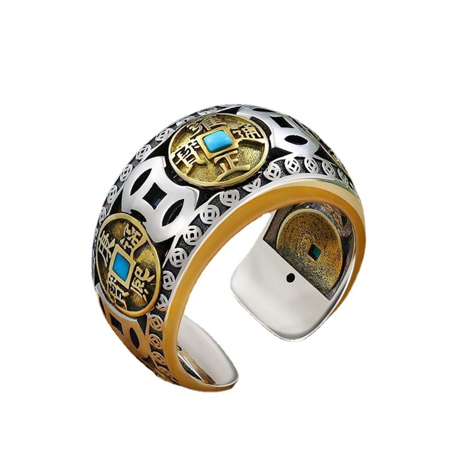 AMQUSUPOFeng Shui Coins Rings Mantra Turquoise Rings 925 Sterling Silver Amulet Anillo Feng Shui De La Buena Suerte Lucky Wealth Money Health Band Adjustable Ring for Men