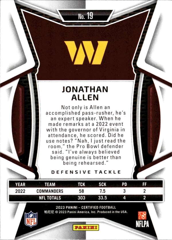 Miniatura 2 de 2023 PANINI CERTIFIED #19 JONATHAN ALLEN WASHINGTON COMMANDERS FOOTBALL OFFICIAL TRADING CARD OF NFL