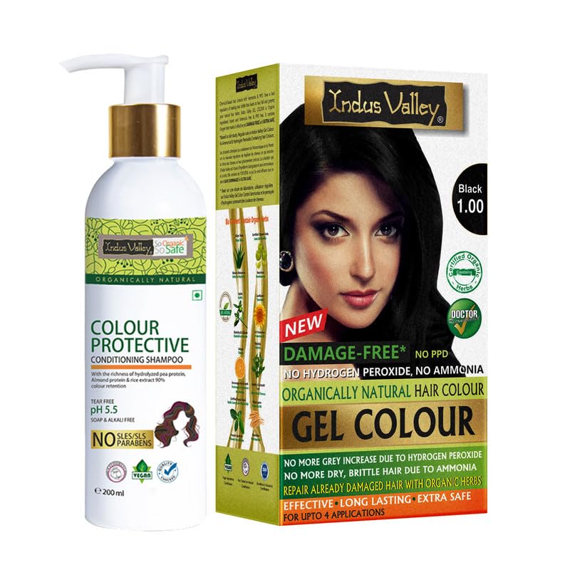 INDUS VALLEY Natural Damage Free Gel Colour Black + With Colour Protection Shampoo (200 ml)
