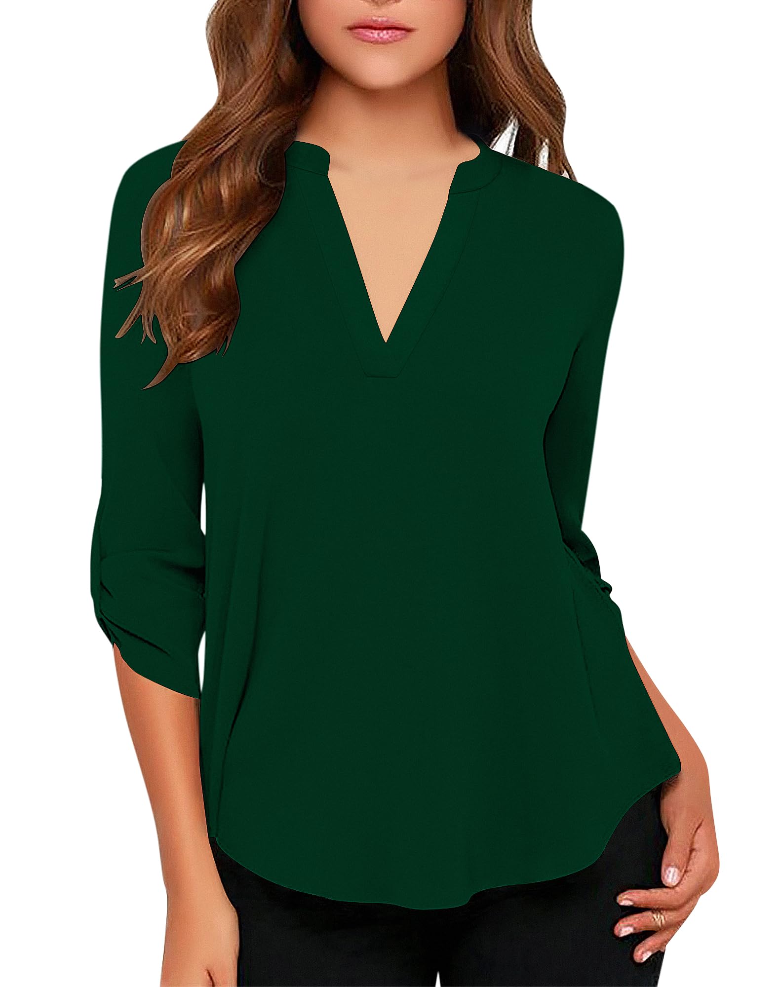 roswear Women's Business Casual V Neck Cuffed Sleeves Work Blouse Top