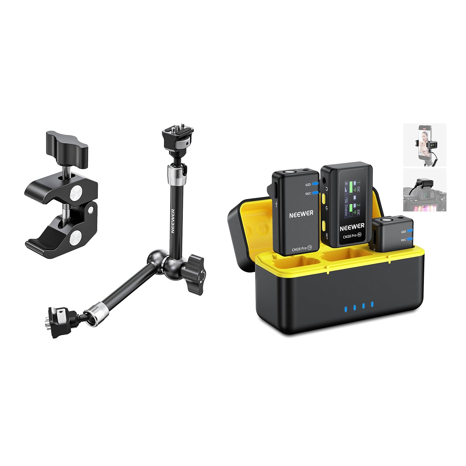 11" Articulating Magic Arm Clamp Mount with Super Clamp, Camera Monitor Mount with 1/4" 3/8" ARRI Locating Pins & Holes, CM28 PRO Wireless Lavalier Lapel Microphone System Included