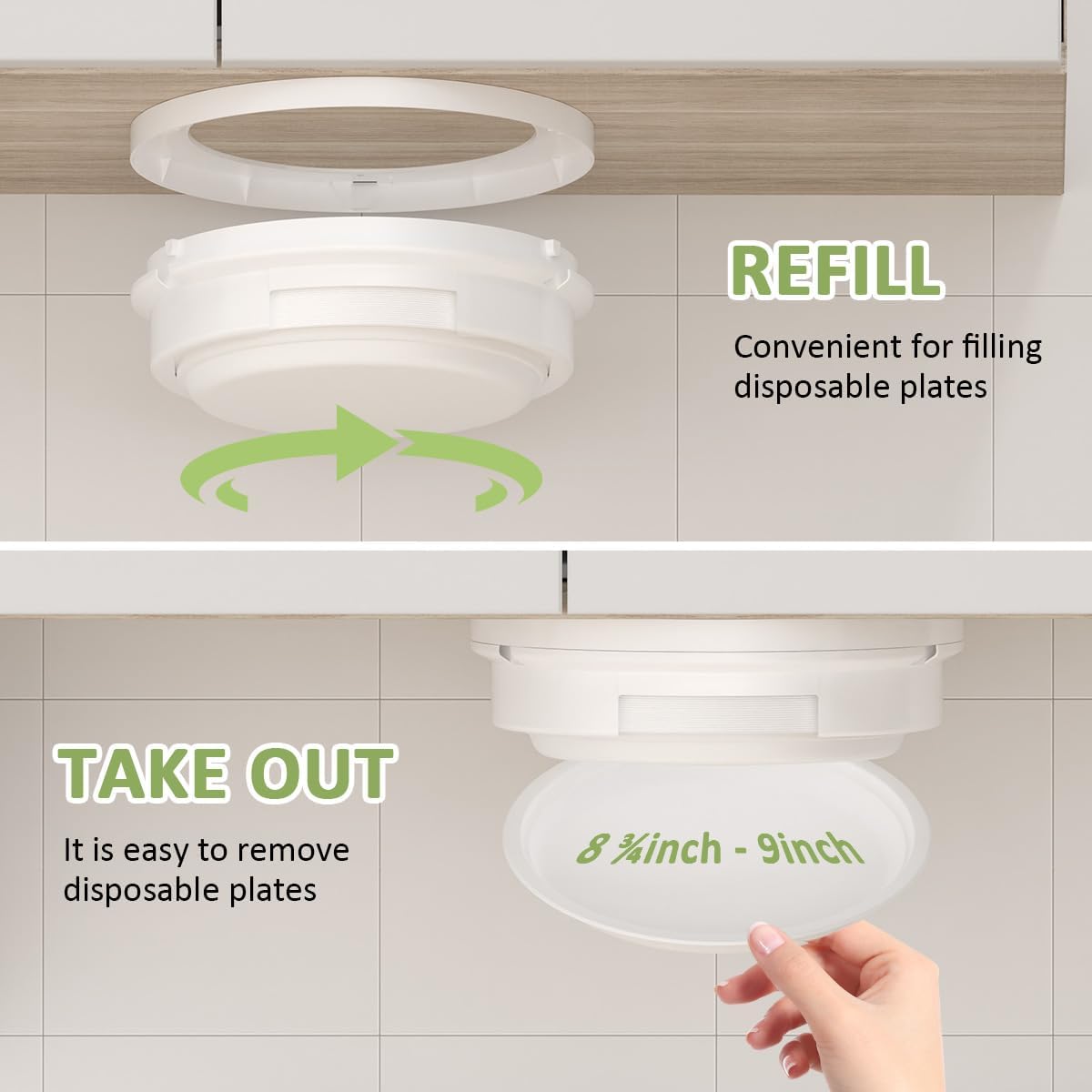 9-inch Paper Plate Dispenser Under Cabinet with Screws, Paper Plate Holders Under Cabinet Paper Plate Holder fit for RV Campers & Kitchen Storage(for 8 ¾ - 9-inch Paper Plate. White)