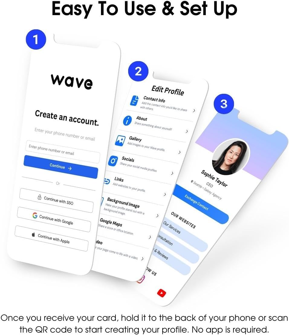 Screenshots showing the easy setup process for the Wave Digital Business Card profile