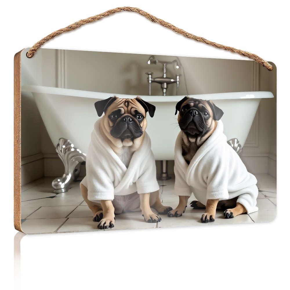 Bathroom Hanging Decor Two Pugs In Robes By A Bathtub. Boys Bedroom Decorations Front Porch Decor Ideas(20X30CM)