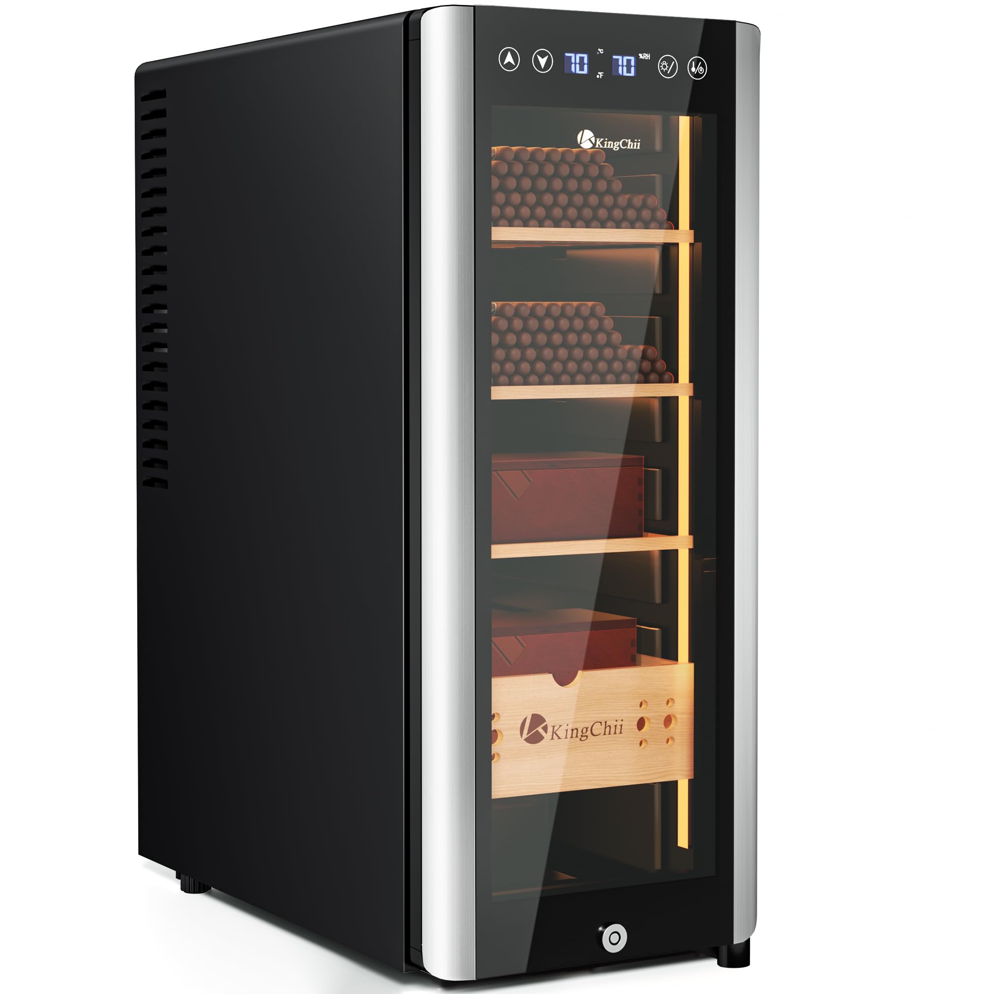 KingChii 35L Electric Cigar Humidors Temperature &amp; Humidity Control Cabinet, Built-in Humidification System with Spanish Cedar Wood Shelves &amp; Drawer Hygrometer for Men Gifts 250 Capacity