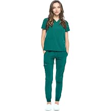 Dagacci Medical Uniform Jogger Scrubs for Women Set V-Neck Scrub Top & Elastic Jogger Scrub Pants for Women 8 Pockets