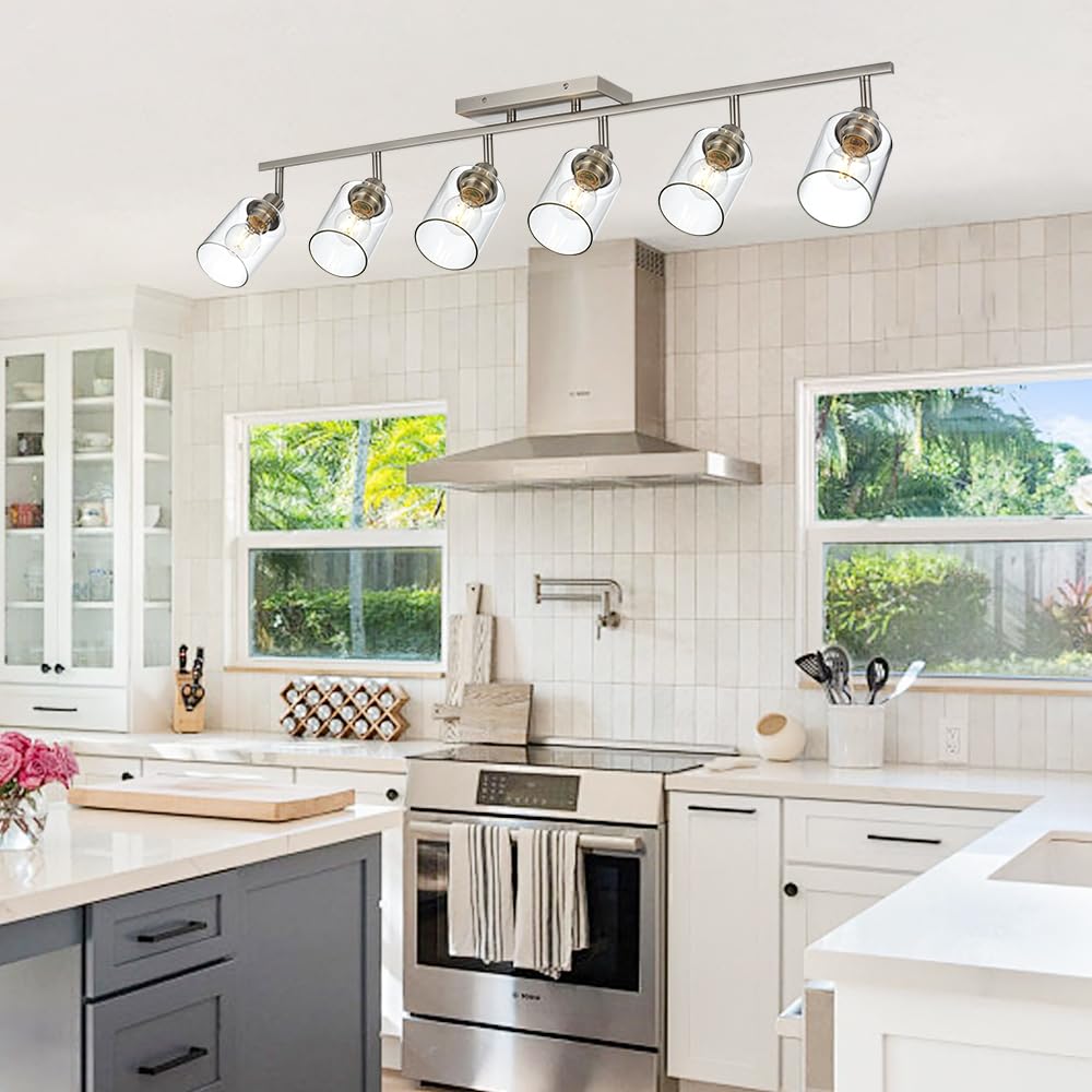 TULUCE 6 Light Track Lighting Kit,Brushed Nickel Bathroom Lighting Fixtures Over Mirror with Clear Glass Shade Rotatable Light Heads Semi Flush Mount