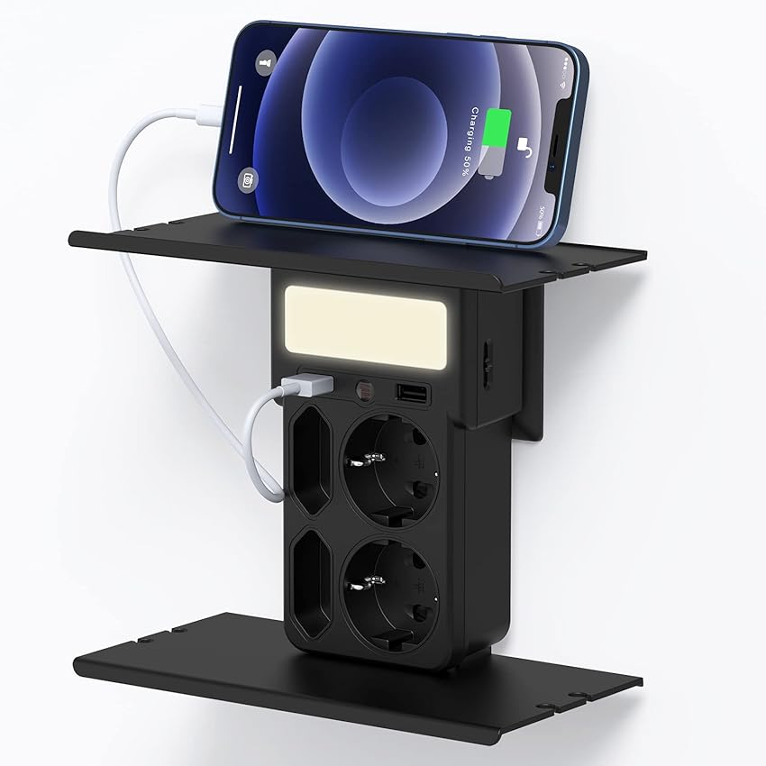 Immagine del prodotto Ciabatta Multipresa Elettrica Prese a Muro con 2 Porte USB e 4 Prese, con Luce Notturna, Due Supporti per Posizionare Oggetti, Utilizzato in Bagno, Cucina, Nero