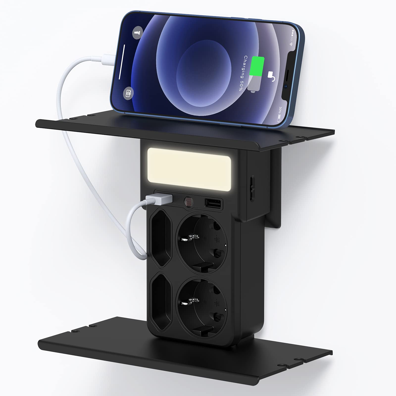 Ciabatta Multipresa Elettrica Prese a Muro con 2 Porte USB e 4 Prese, con Luce Notturna, Due Supporti per Posizionare Oggetti, Utilizzato in Bagno, Cucina, Nero