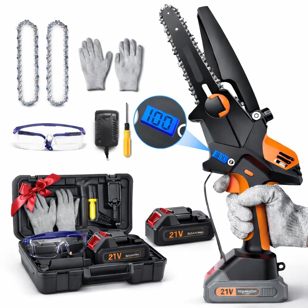 VERDYN MART - Mini Chainsaw 6 Inch with 2 x 2000mah Batteries, Cordless Pole Saw Brushless, Lightweight Handheld Electric Saw, Fast Cutting Wood Cutter for Tree Pruning, Gift for Men and dad