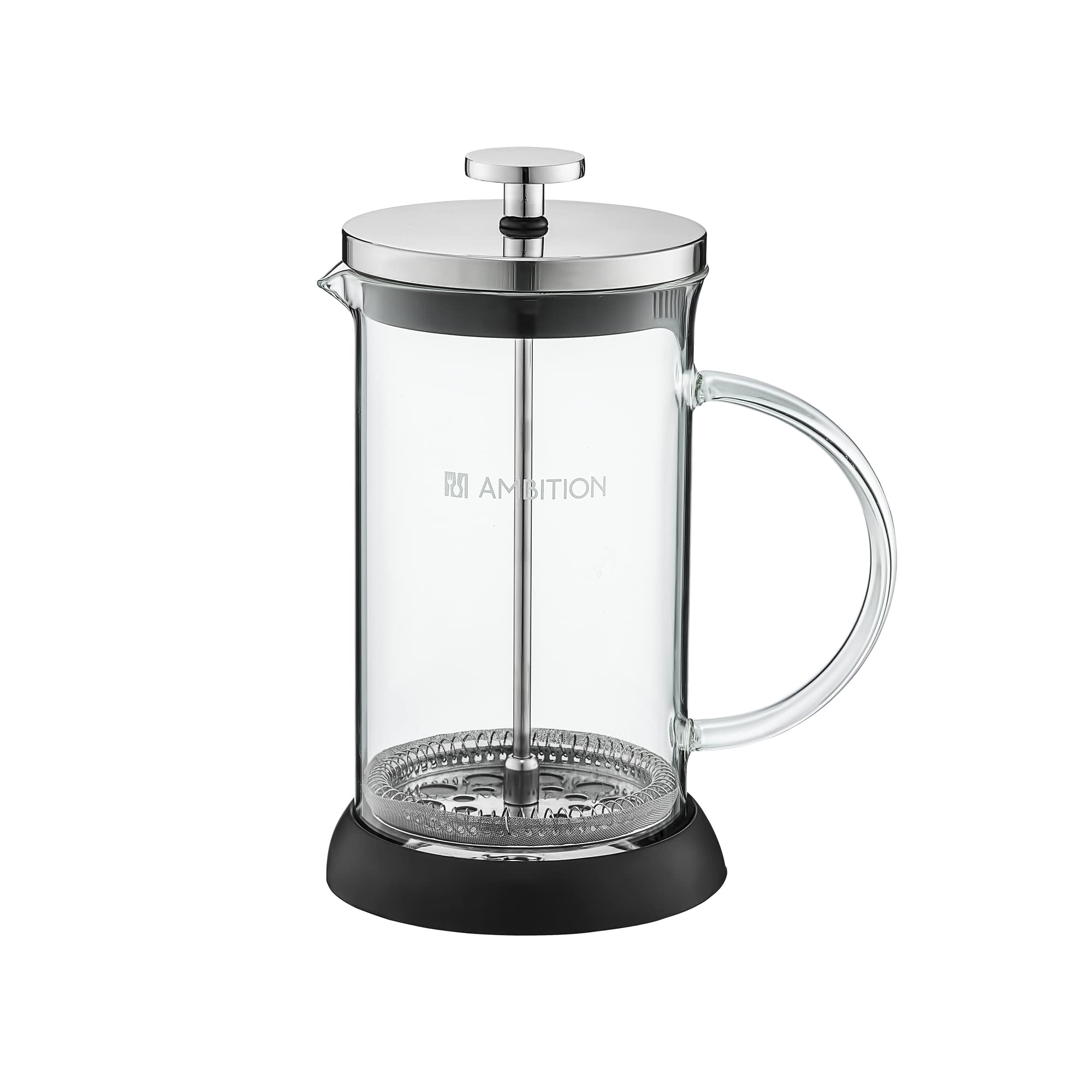 AMBITION French Press 0,35 l szkło borokrzemowe zaparzacz do kawy 1 filiżanka sitko ze stali nierdzewnej drobne oczka uchwyt szklany prosty design Rafaella