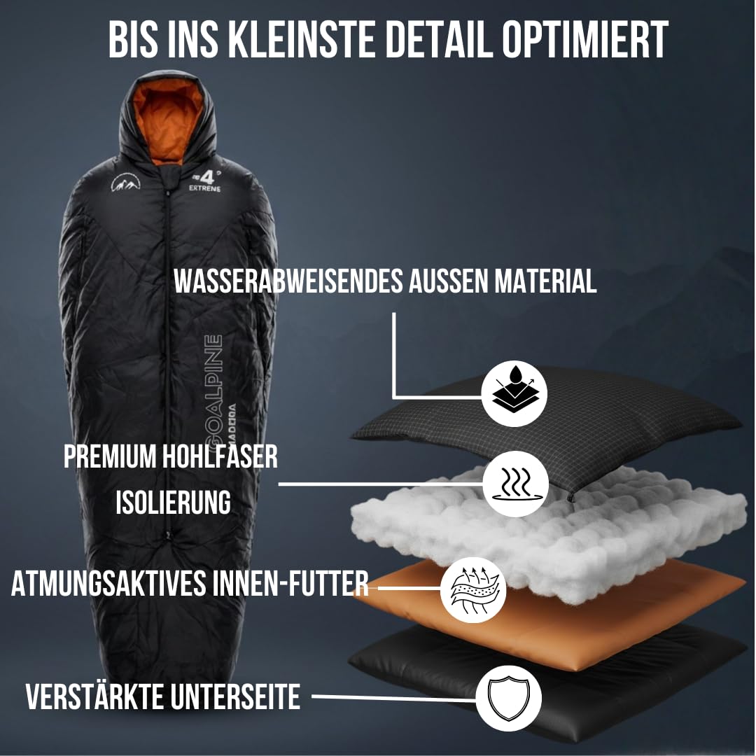 GOALPINE® Madeira Schlafsack für große Personen | 4 Jahreszeiten | mit Armöffnung | 400 GSM 0-10 Grad Komfort | wasserabweisend | kleines Packmaß | Atmungsaktiv | Mumienschlafsack | Trekking