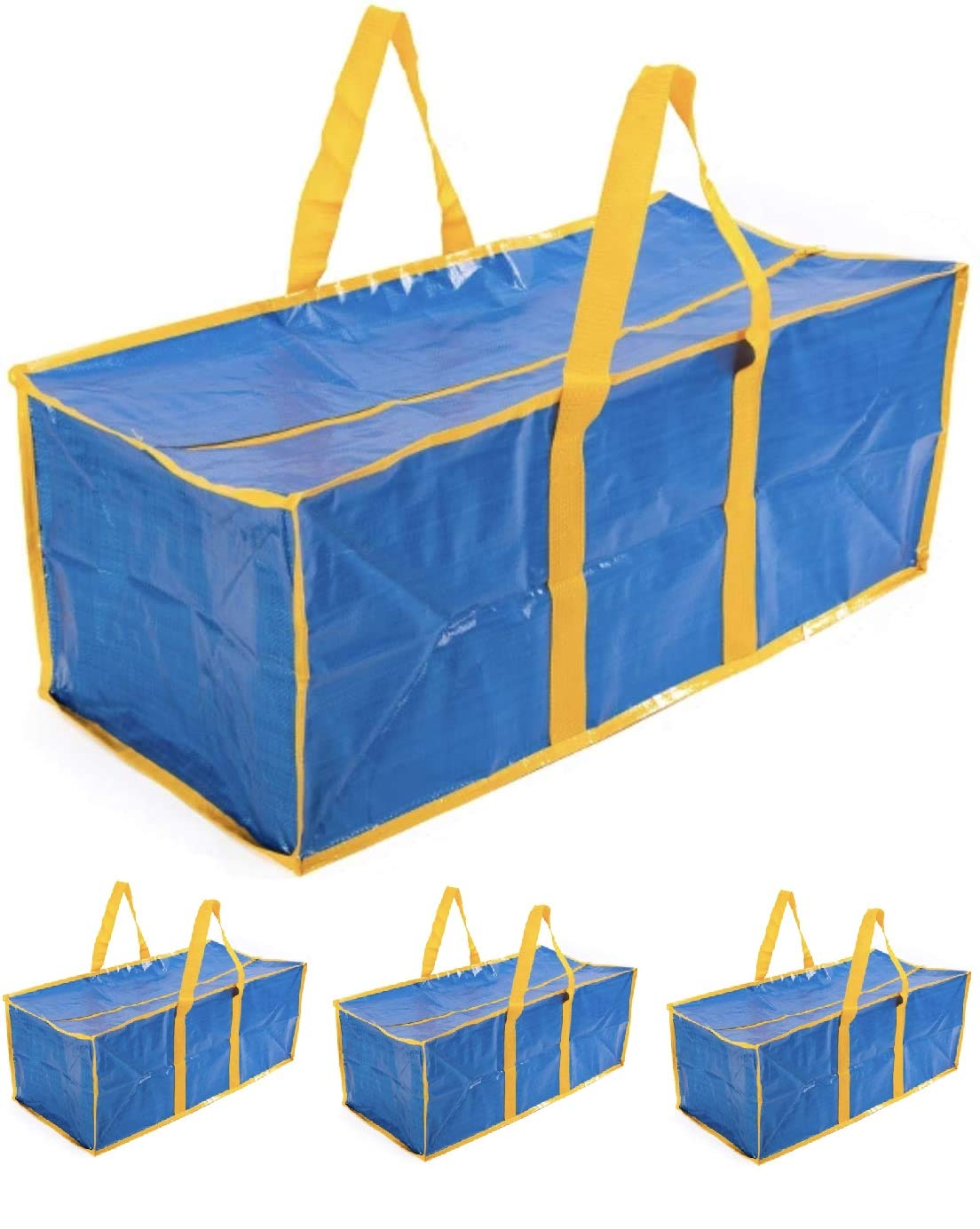 Klickpick Home Heavy Duty Reusable Extra Large Storage Bags -Pack of 4, Laundry Bag Shopping Moving Totes Bags Underbed Storage Bins Zipper -Backpack Handles, Compatible with IKEA FRAKTA CART- Blue