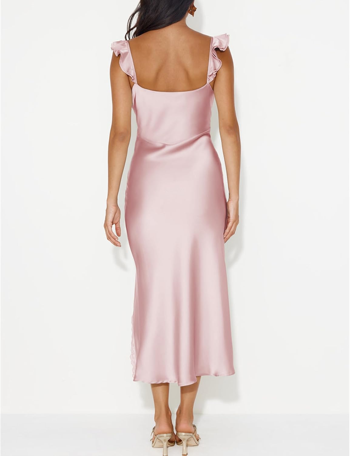 Summer Satin Lace Backless Spaghetti Strap Maxi Dress for Wedding Guest Silk Sleeveless V Neck Slit Ruffled Dress for Women - Image 2