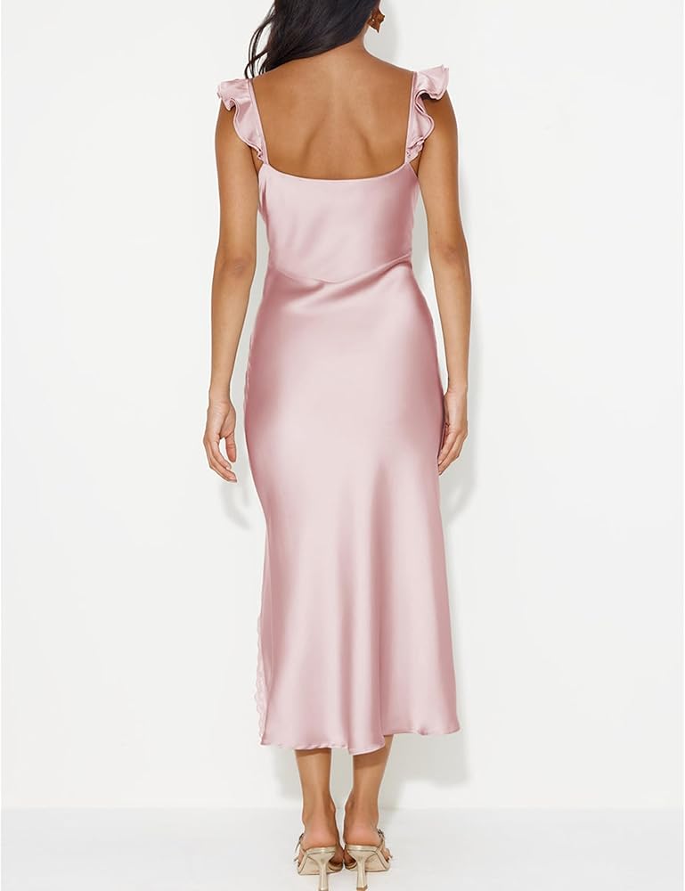 Amazon.com: Summer Satin Lace Backless Spaghetti Strap Maxi Dress for  Wedding Guest Silk Sleeveless V Neck Slit Ruffled Dress for Women Baby Pink  : Clothing, Shoes & Jewelry