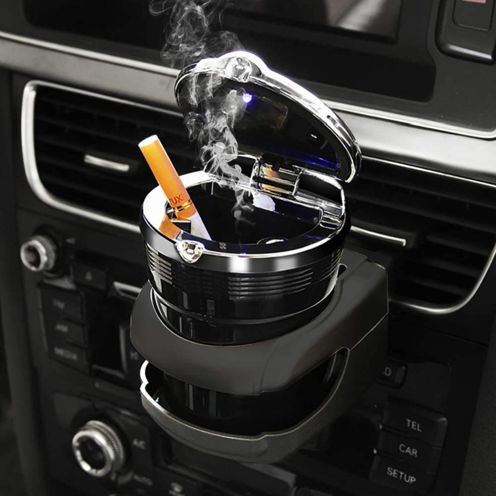 Cendrier De Voiture LED En Acier Inoxydable Avec Couvercle - 9,5x7,5x5,5 Cm, Bleu Lumineux