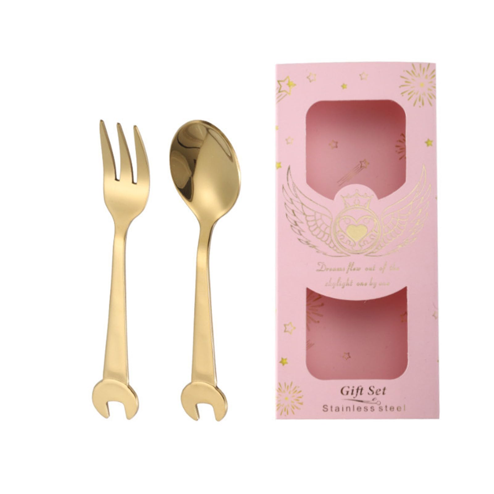 jiingekk Stainless Steel Wrench Shaped Spoon and Fork Set Multipurpose Kitchen Utensils for Dessert Coffee Stirring Stainless Steel Spoon Fork Set