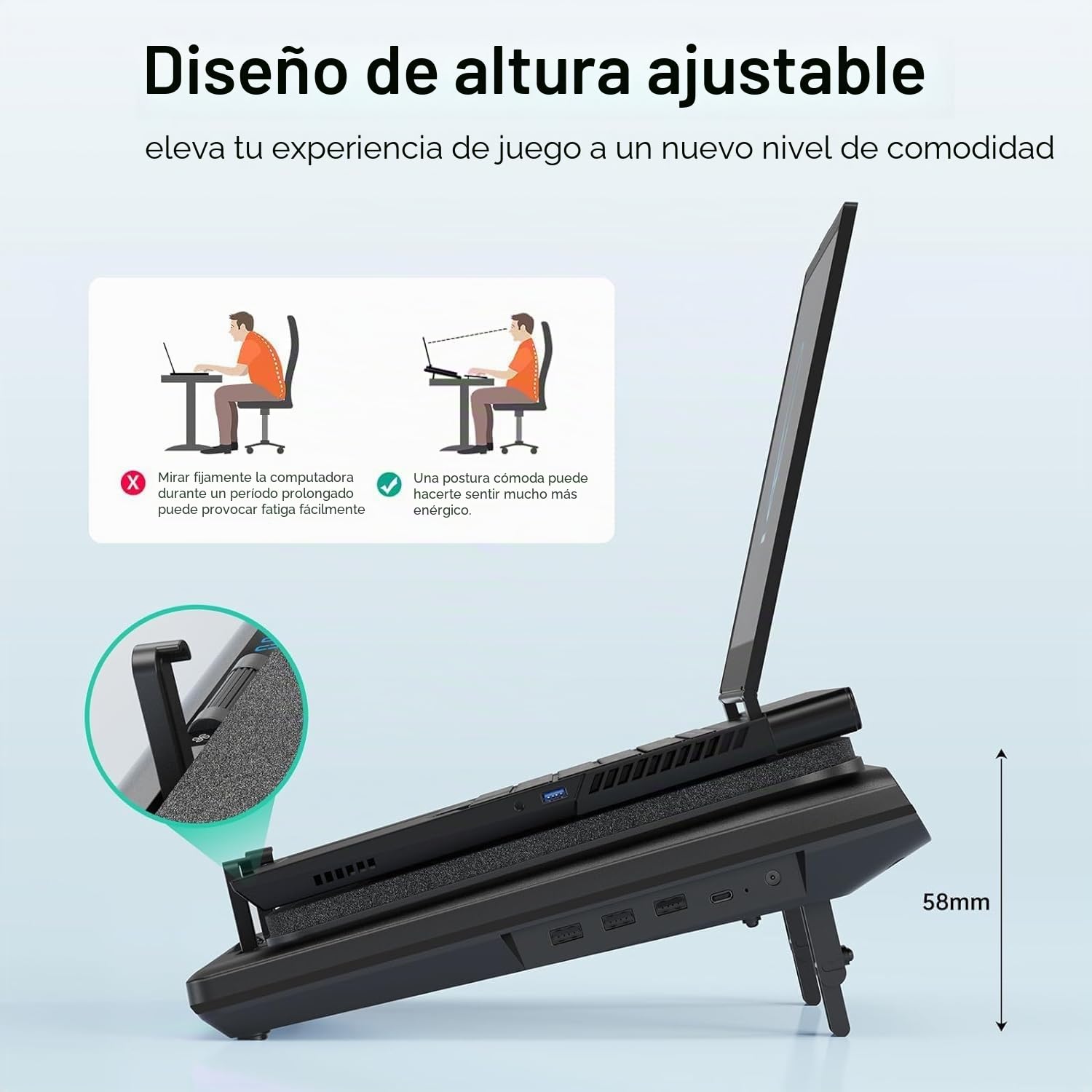 llano Base refrigeradora portatil Gaming con Control Táctil Continuo & Alfombrilla de Ratón, 3 Puertos USB A, Ventilador Turbo de Alto Rendimiento, Espuma de Sellado para Portátiles de 15-19''-Sin RGB
