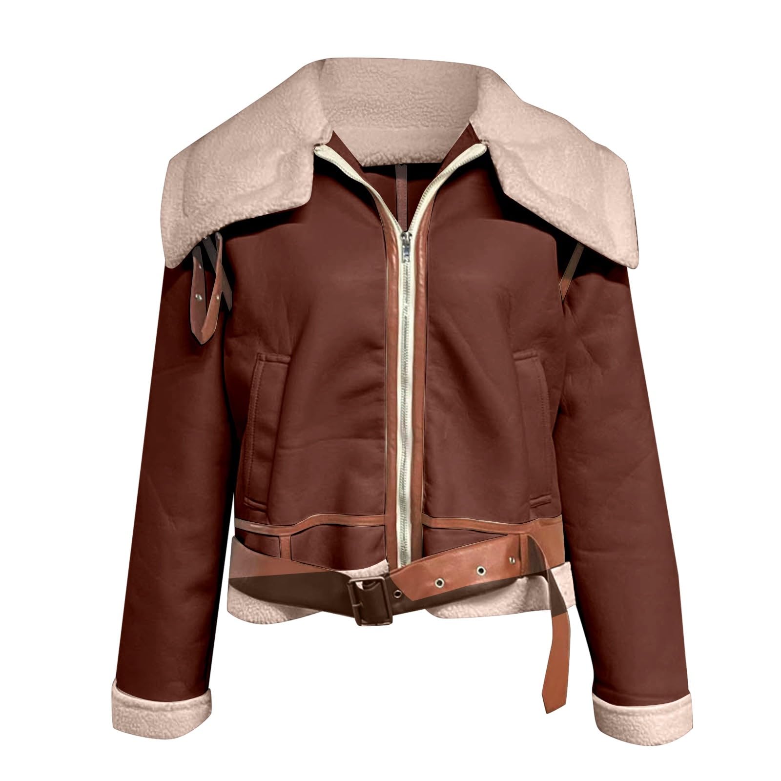 Manteau en fourrure synthétique pour femme - Veste d'hiver chaude avec doublure en peluche - Revers en cuir synthétique - Veste bomber en daim - Veste d'aviateur épaisse - Veste de moto avec