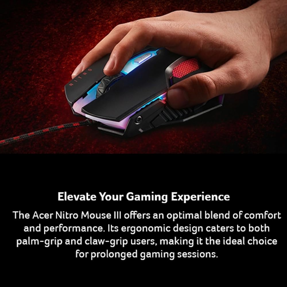 acer Nitro Gaming Mouse III: Mouse ottico da gioco 6D con alta frequenza di polling di 125 MHz, 7 luci di respirazione colorate con logo e motivo LED, 6 spostamenti DPI opzionali (800-7200), 6