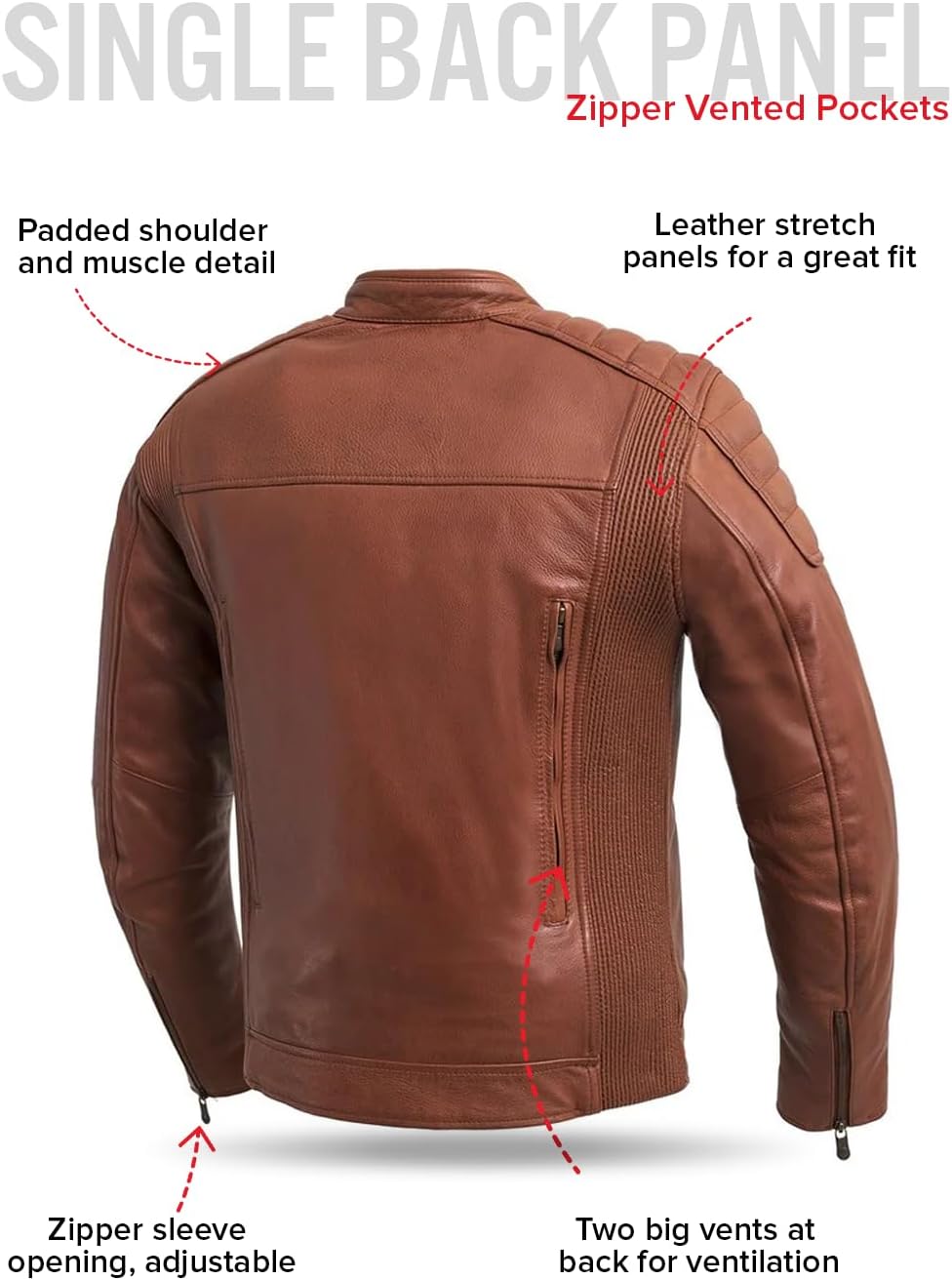 First Mfg Co - Crusader - Men's Motorcycle Biker Riding Brown Beige Leather Jacket Action Back Armor Pockets Vented