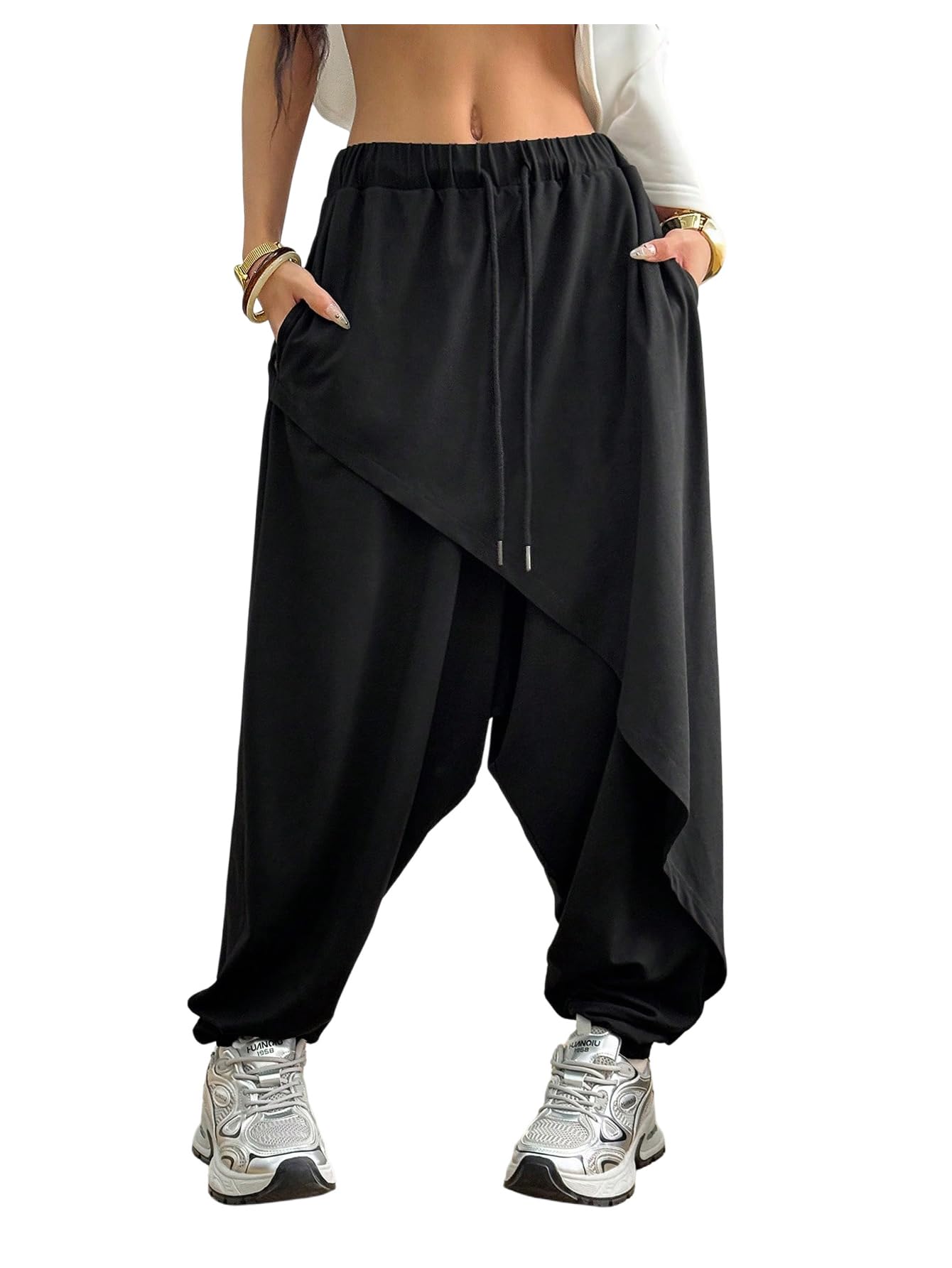 Verdusa Womens Drawstring Waist Joggers Sweatpants Asymmetrical Wrap CrotchPants Streetwear
