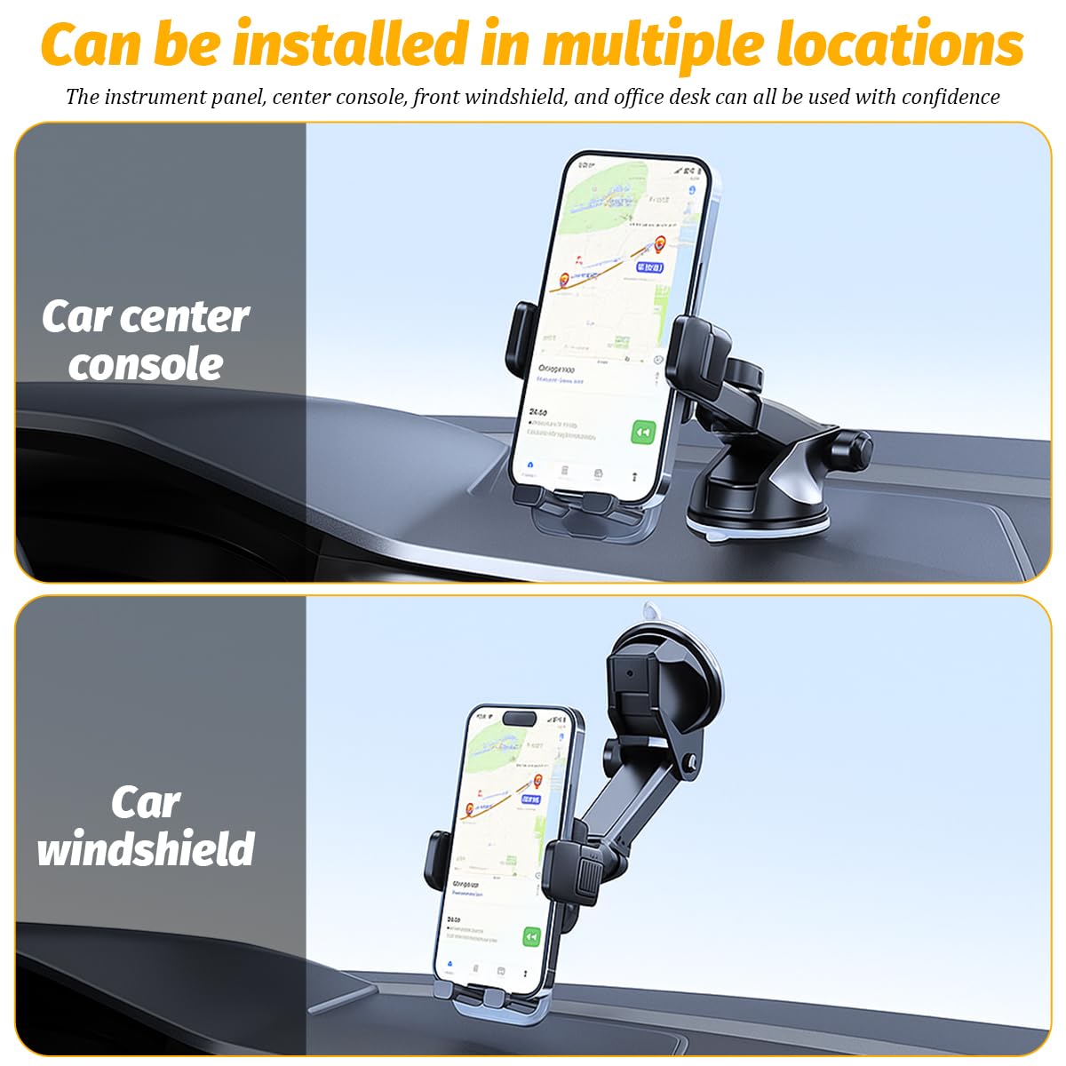 Zpana Supporto per telefono da auto, regolabile a 360° per cruscotto e parabrezza con base a ventosa e braccio telescopico, accessori per smartphone per auto, misura universale