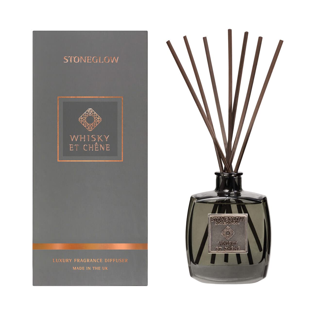 Stoneglow Metallique Collection Whisky ET Chene Scented Reed Diffuser 200ml, Premium Air Freshener, Lasts 16 Weeks, 10 Rattan Reed Diffuser Sticks, Refillable & Reusable, Citrus Fig Nutmeg Oak Notes
